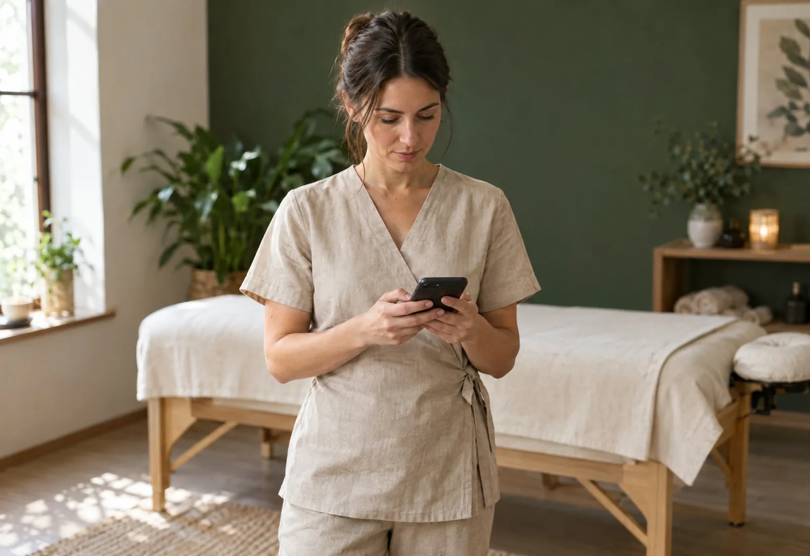 Entre deux soins, une massothérapeute consulte l'agenda du jour sur son téléphone.
