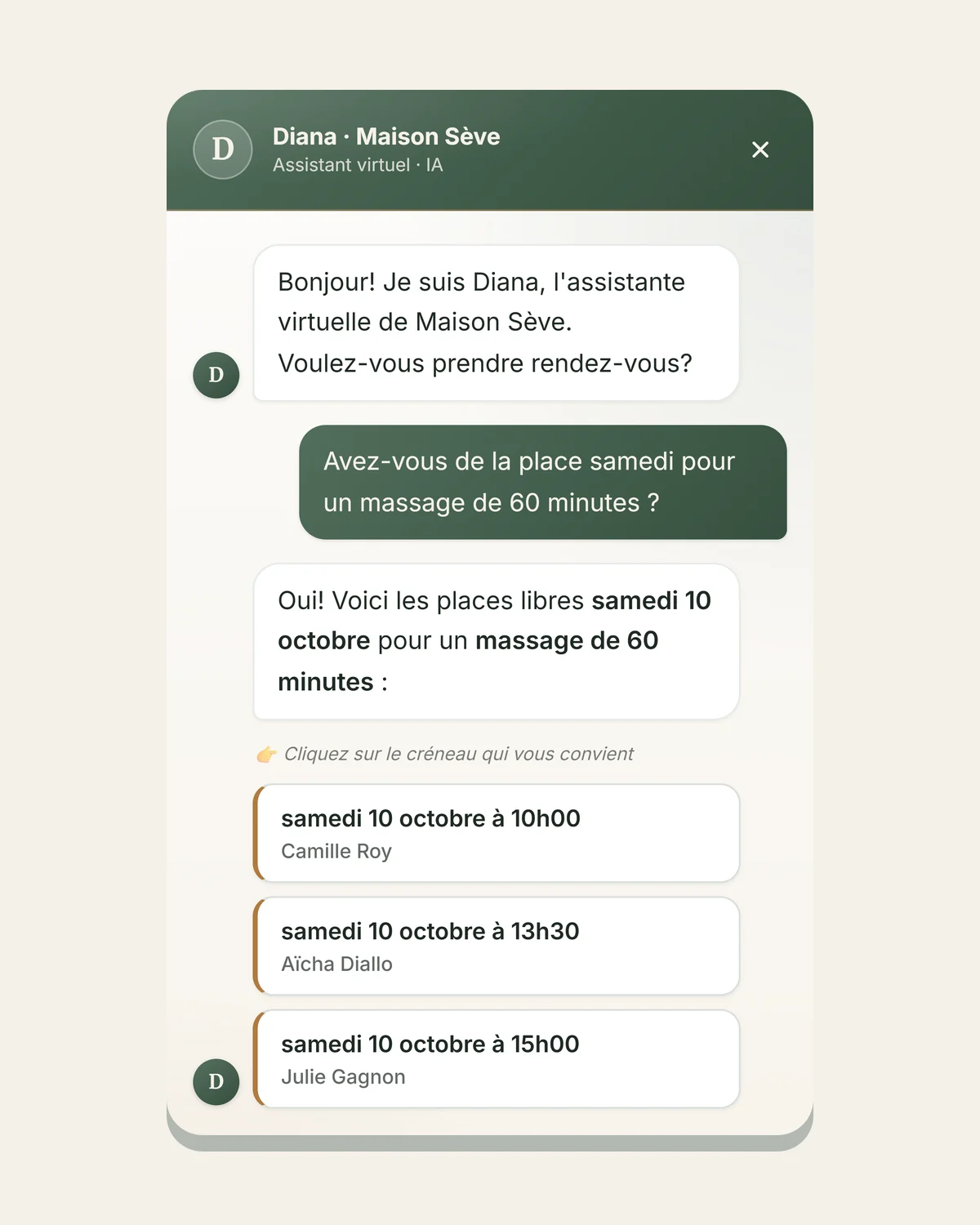 Diana sur le site d'une clinique : à la question « Avez-vous de la place samedi pour un massage de 60 minutes ? », elle propose trois heures libres.
