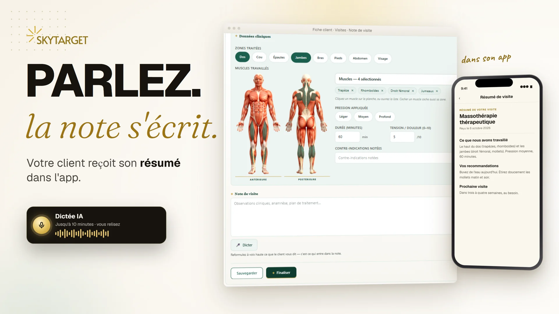 Parlez, la note s'écrit : la note de visite dictée, la planche anatomique, et le résumé que le client reçoit dans son application.