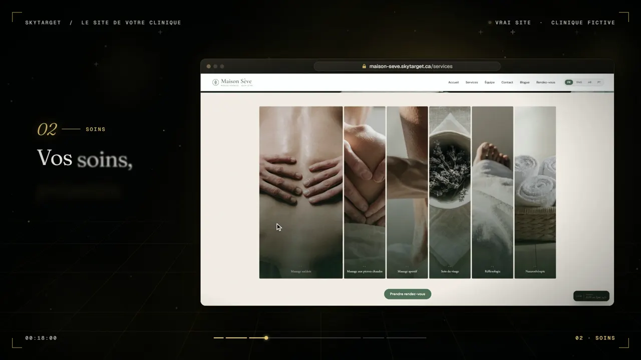 Le site d'une clinique de massothérapie : vitrine, soins, équipe et réservation en ligne.