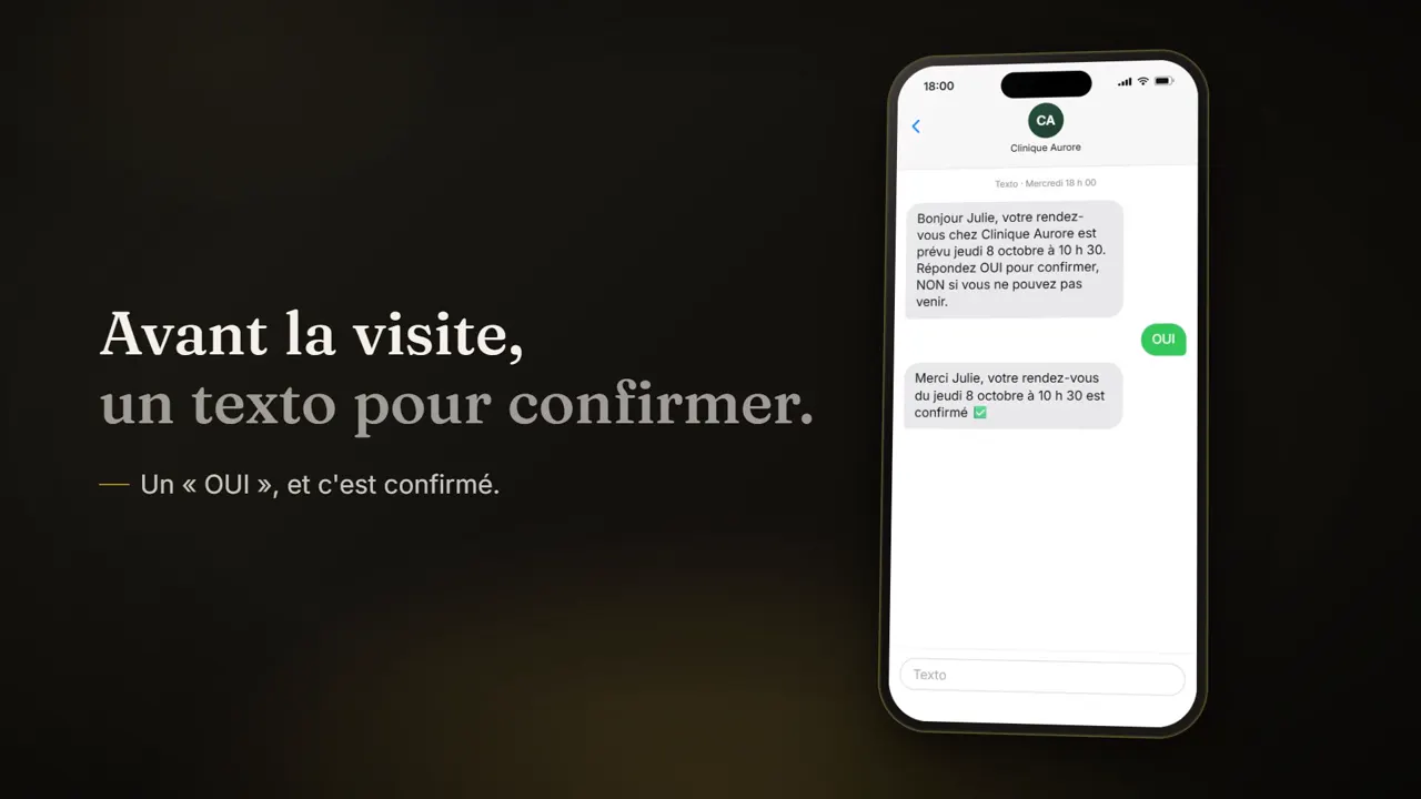 Un texto demande au client de confirmer sa visite ; le client répond OUI.