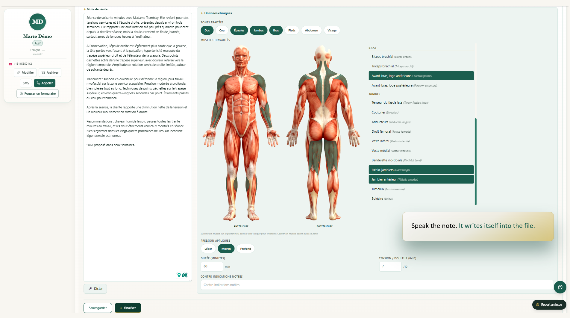 La note de visite dictée, avec la planche anatomique et les muscles travaillés cochés à côté du texte.